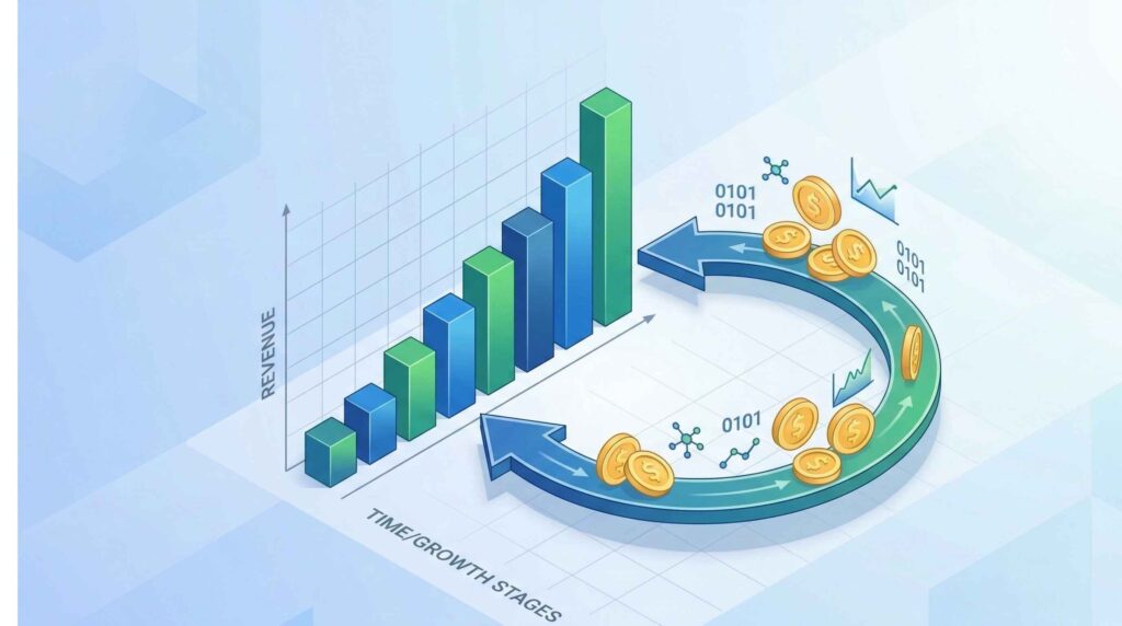 A conceptual diagram of revenue based financing for growing startups.